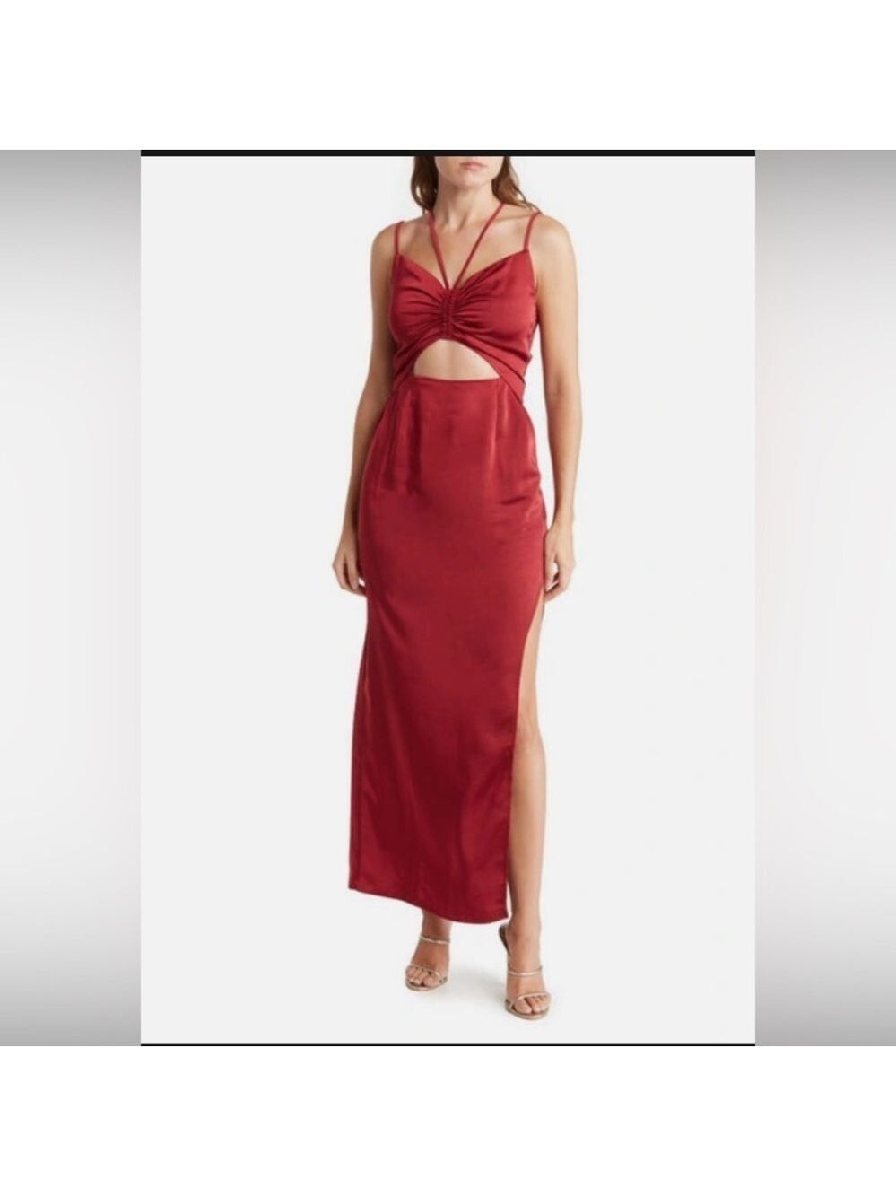 NWT BONHEUR D’AMOUR Cutout Shirred Side Slit Maxi Dress Sexy Red Large $189